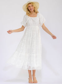 WOMEN'S SHORT PUFF SLEEVE SQUARE NECK ELASTIC WAIST EYELET MAXI DRESS