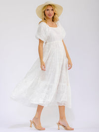 WOMEN'S SHORT PUFF SLEEVE SQUARE NECK ELASTIC WAIST EYELET MAXI DRESS