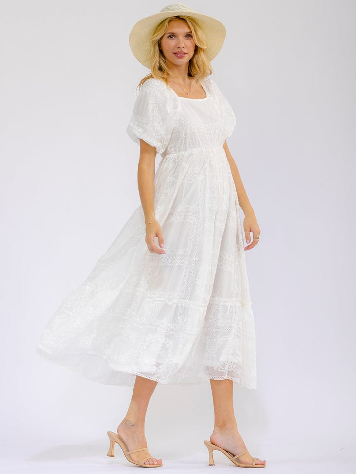 WOMEN'S SHORT PUFF SLEEVE SQUARE NECK ELASTIC WAIST EYELET MAXI DRESS