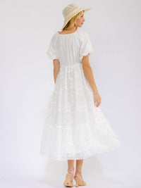 WOMEN'S SHORT PUFF SLEEVE SQUARE NECK ELASTIC WAIST EYELET MAXI DRESS