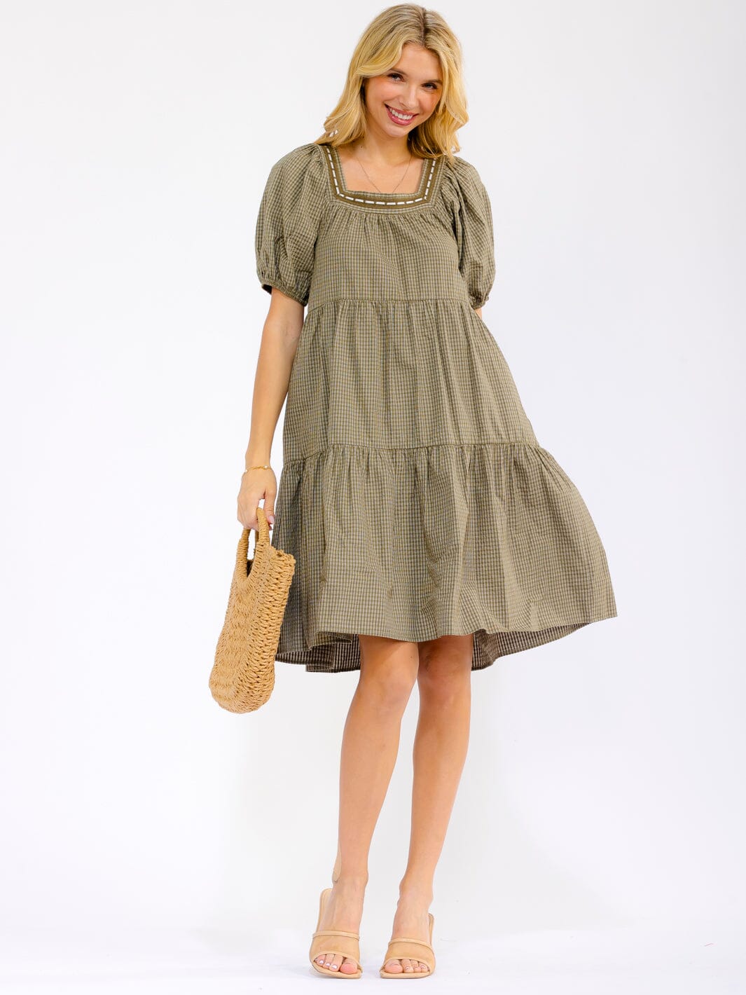 WOMEN'S SHORT PUFF SLEEVE SQUARE NECK FRONT POCKETS TIERED PLAID MINI DRESS