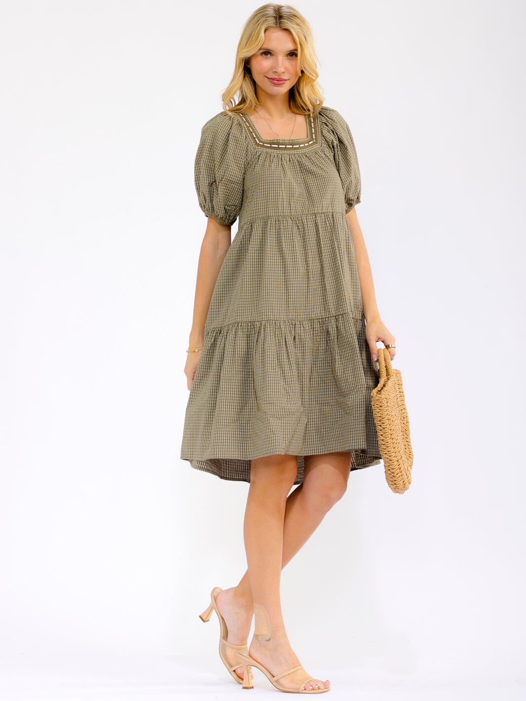 WOMEN'S SHORT PUFF SLEEVE SQUARE NECK FRONT POCKETS TIERED PLAID MINI DRESS
