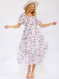 WOMEN'S SHORT PUFF SLEEVE SQUARE NECK FRONT POCKETS TIERED FLORAL MAXI DRESS