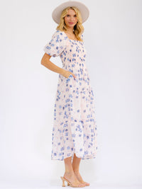 WOMEN'S SHORT PUFF SLEEVE SQUARE NECK FRONT POCKETS TIERED FLORAL MAXI DRESS