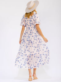 WOMEN'S SHORT PUFF SLEEVE SQUARE NECK FRONT POCKETS TIERED FLORAL MAXI DRESS