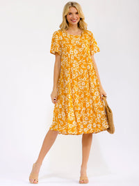 WOMEN'S SHORT SLEEVE FRONT POCKETS FLORAL TIERED MIDI DRESS