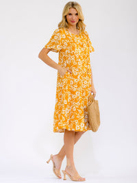 WOMEN'S SHORT SLEEVE FRONT POCKETS FLORAL TIERED MIDI DRESS