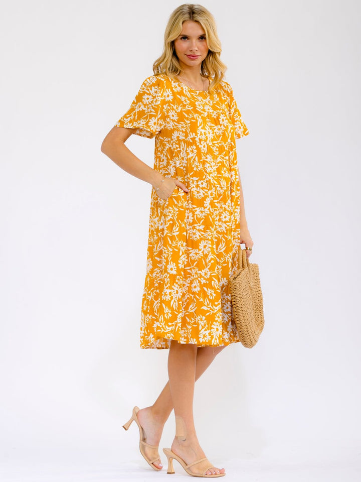 WOMEN'S SHORT SLEEVE FRONT POCKETS FLORAL TIERED MIDI DRESS
