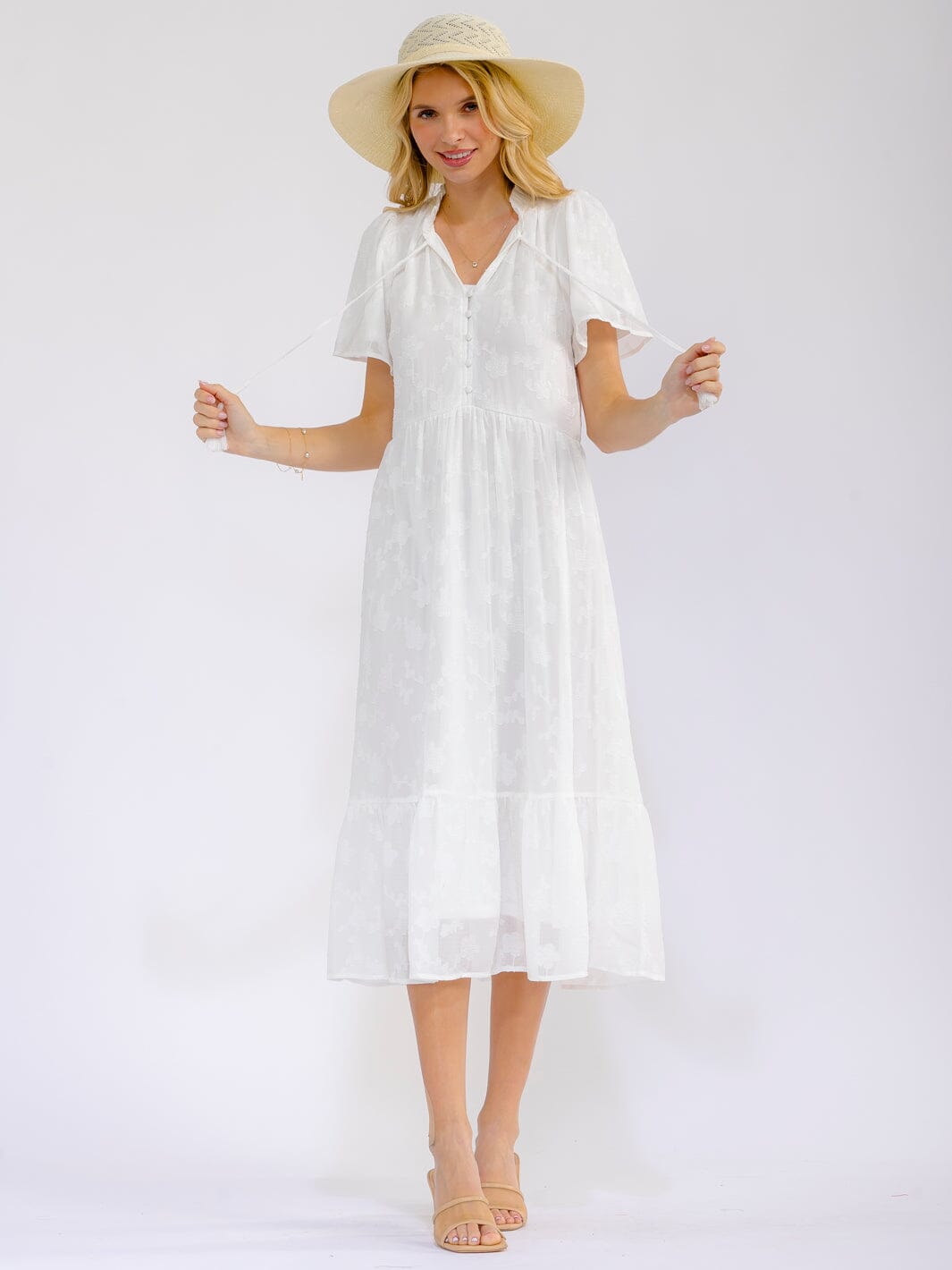 WOMEN'S SHORT SLEEVE V-NECK FLORAL DETAILED TIERED MAXI DRESS