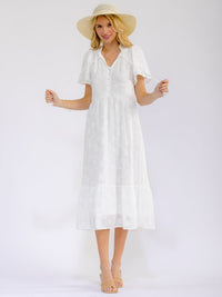 WOMEN'S SHORT SLEEVE V-NECK FLORAL DETAILED TIERED MAXI DRESS