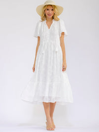 WOMEN'S SHORT SLEEVE V-NECK FLORAL DETAILED TIERED MAXI DRESS