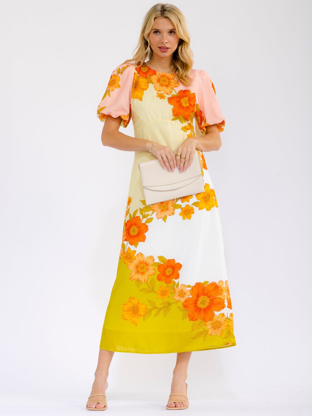WOMEN'S SHORT PUFF SLEEVES FLORAL MAXI DRESS
