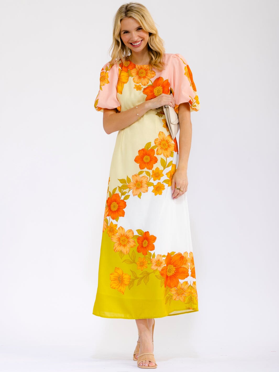 WOMEN'S SHORT PUFF SLEEVES FLORAL MAXI DRESS