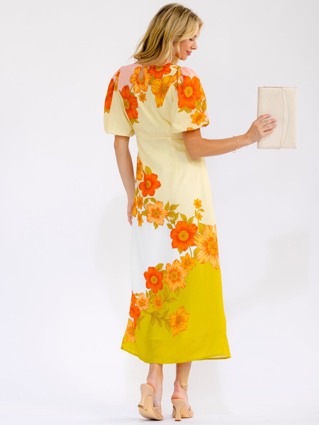 WOMEN'S SHORT PUFF SLEEVES FLORAL MAXI DRESS