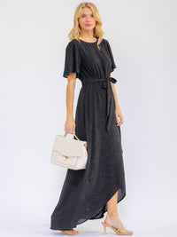 WOMEN'S SHORT SLEEVE SELF TIE SURPLICE HIGH-LOW SHIMMER MAXI DRESS