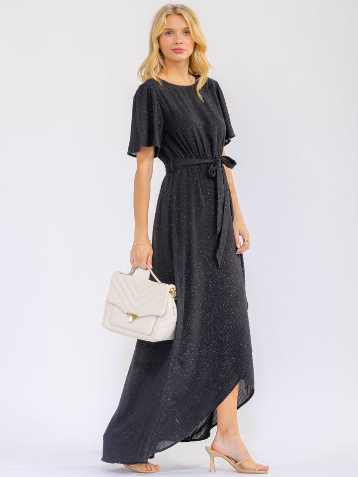 WOMEN'S SHORT SLEEVE SELF TIE SURPLICE HIGH-LOW SHIMMER MAXI DRESS