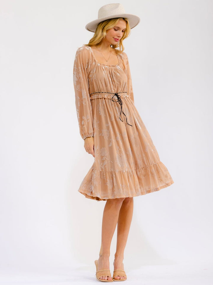 WOMEN'S LONG SLEEVE SQUARE NECK ELASTIC WAIST VELVET FLORAL MINI DRESS