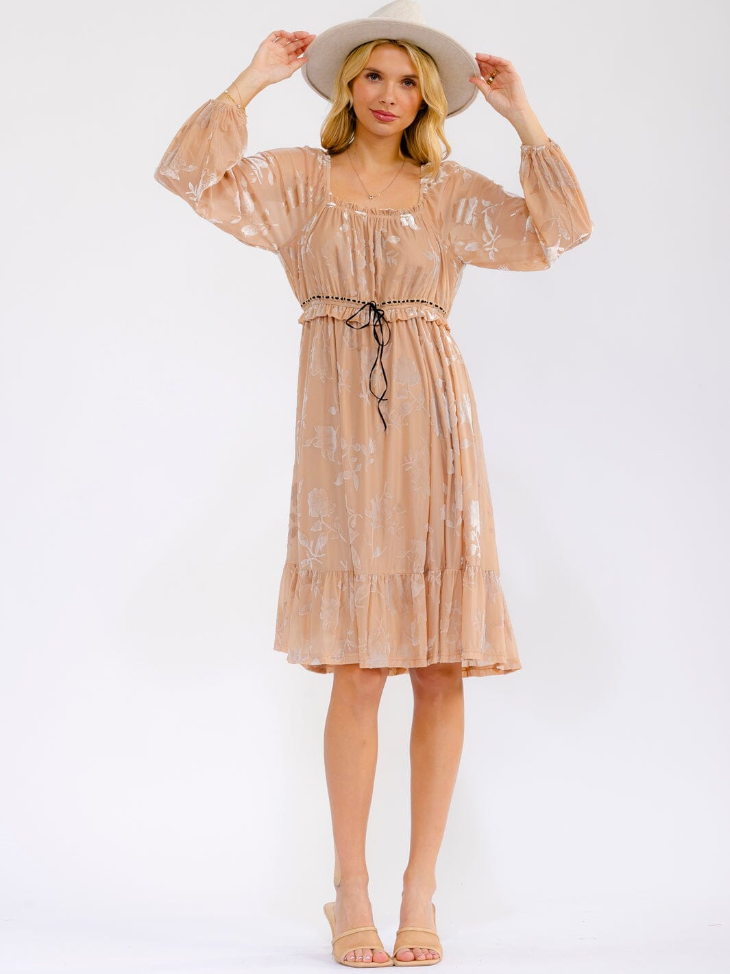 WOMEN'S LONG SLEEVE SQUARE NECK ELASTIC WAIST VELVET FLORAL MINI DRESS