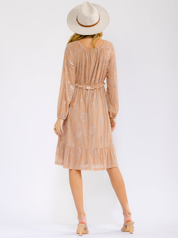 WOMEN'S LONG SLEEVE SQUARE NECK ELASTIC WAIST VELVET FLORAL MINI DRESS