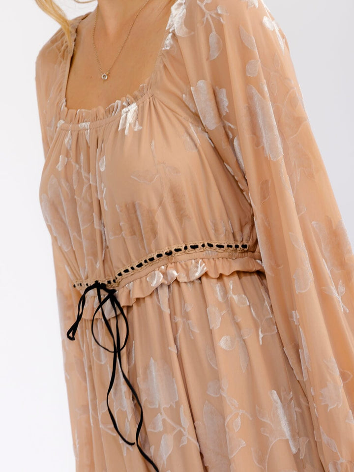WOMEN'S LONG SLEEVE SQUARE NECK ELASTIC WAIST VELVET FLORAL MINI DRESS