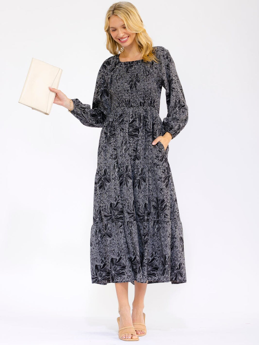 WOMEN'S LONG SLEEVE SMOCK FRONT POCKETS FLORAL TIERED MAXI DRESS