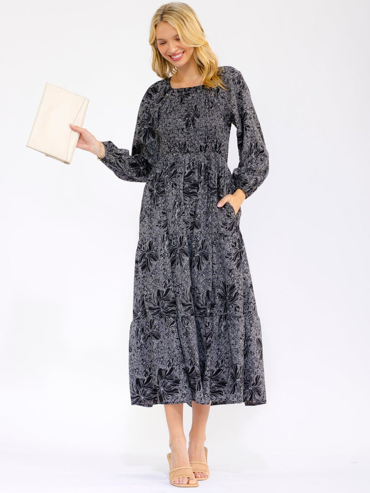 WOMEN'S LONG SLEEVE SMOCK FRONT POCKETS FLORAL TIERED MAXI DRESS