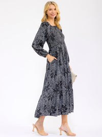 WOMEN'S LONG SLEEVE SMOCK FRONT POCKETS FLORAL TIERED MAXI DRESS