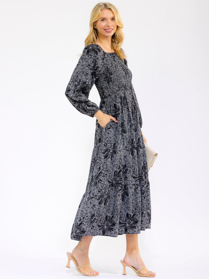 WOMEN'S LONG SLEEVE SMOCK FRONT POCKETS FLORAL TIERED MAXI DRESS