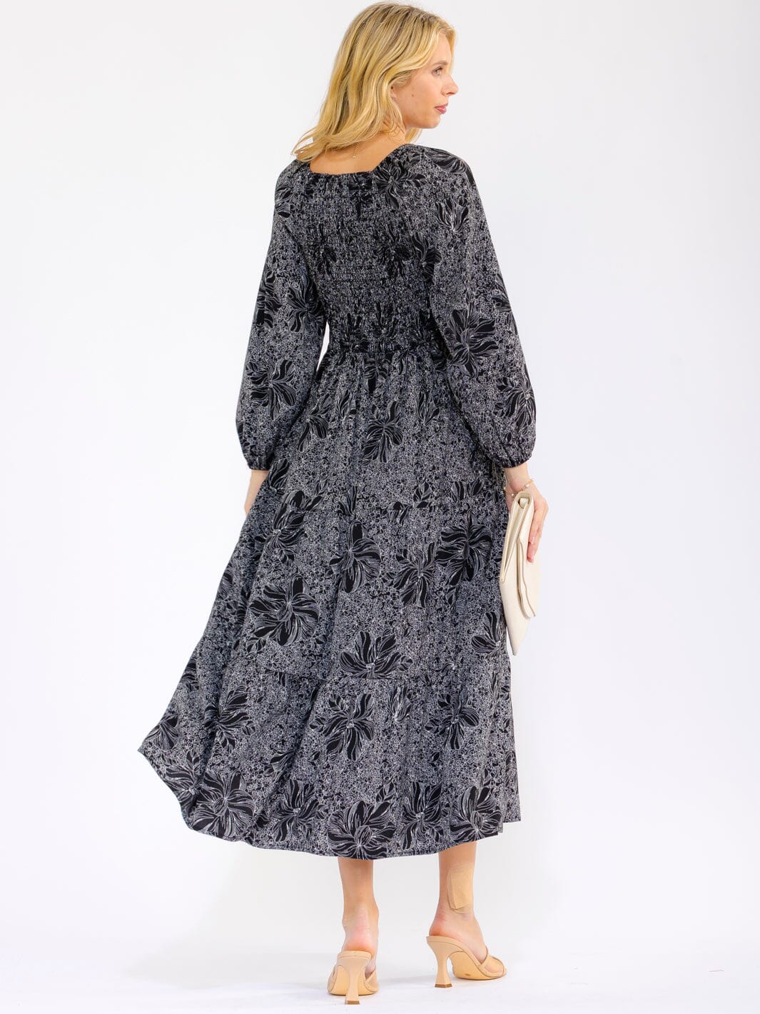 WOMEN'S LONG SLEEVE SMOCK FRONT POCKETS FLORAL TIERED MAXI DRESS
