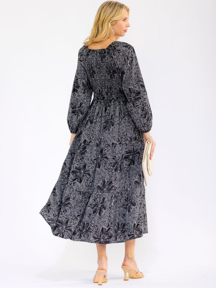 WOMEN'S LONG SLEEVE SMOCK FRONT POCKETS FLORAL TIERED MAXI DRESS