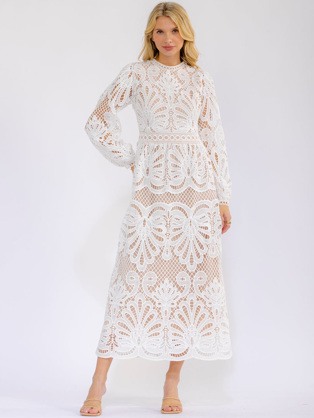 WOMEN'S LONG SLEEVE CROCHET DETAILED BODYCON MAXI DRESS
