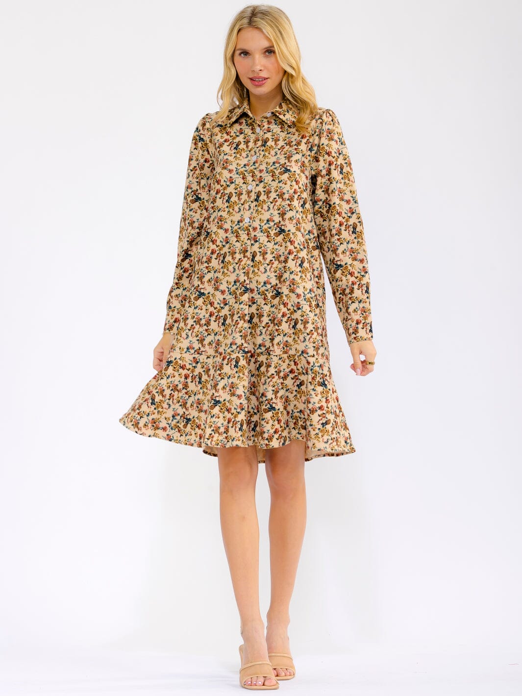 WOMEN'S LONG SLEEVE BUTTON UP FRONT POCKETS FLORAL MINI DRESS