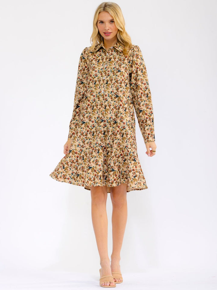 WOMEN'S LONG SLEEVE BUTTON UP FRONT POCKETS FLORAL MINI DRESS