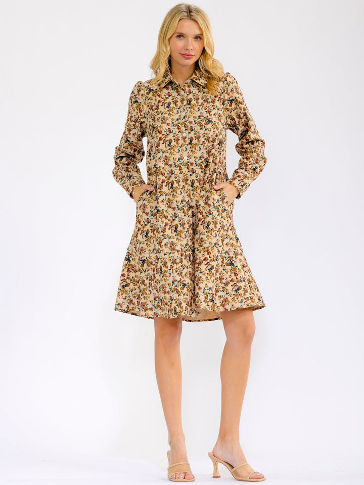 WOMEN'S LONG SLEEVE BUTTON UP FRONT POCKETS FLORAL MINI DRESS