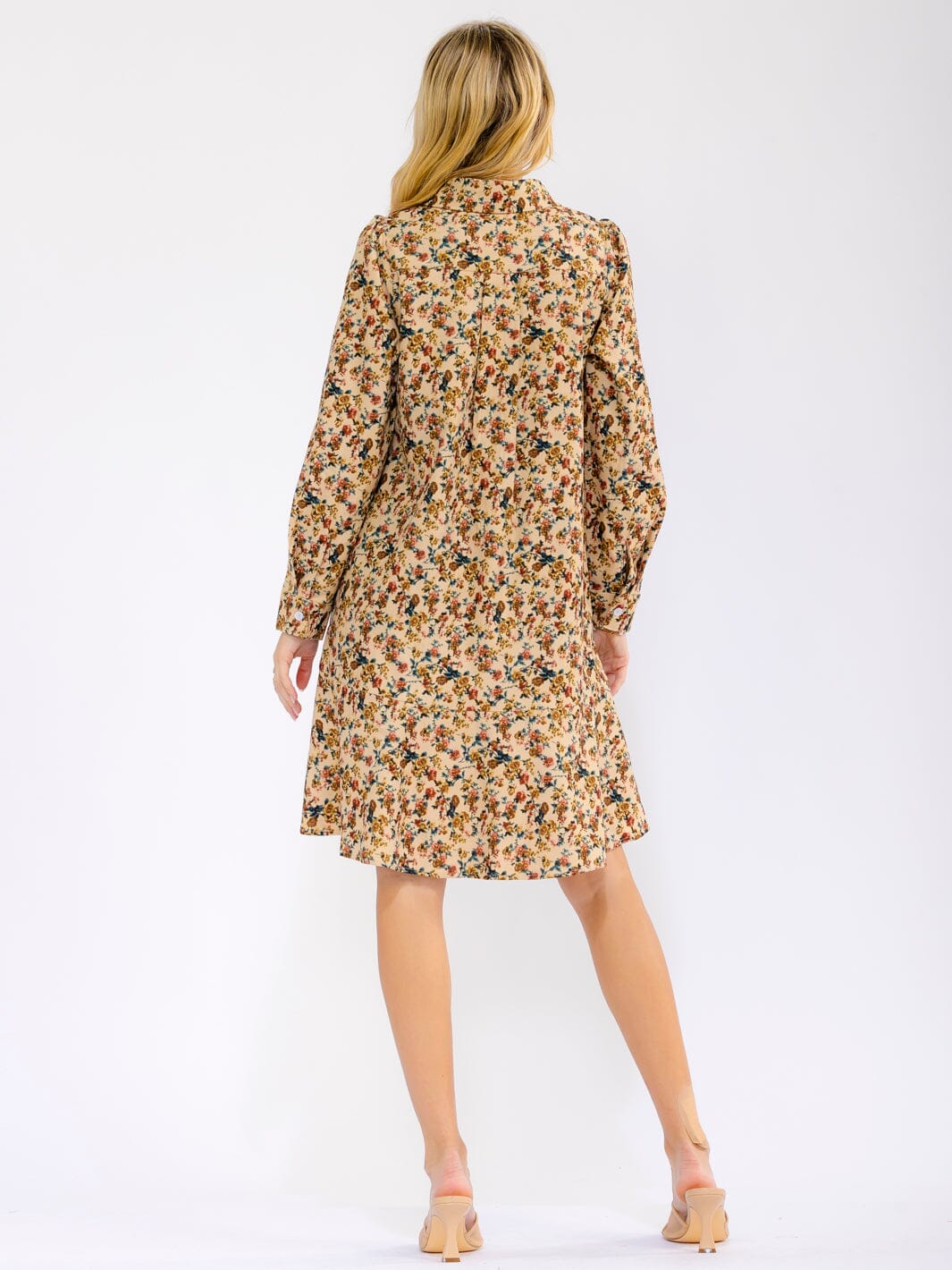 WOMEN'S LONG SLEEVE BUTTON UP FRONT POCKETS FLORAL MINI DRESS