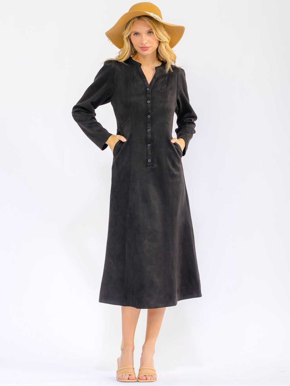 WOMEN'S LONG SLEEVE V-NECK BUTTON UP FRONT POCKETS VELVET MAXI DRESS