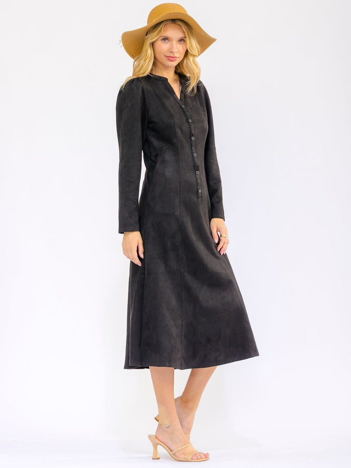 WOMEN'S LONG SLEEVE V-NECK BUTTON UP FRONT POCKETS VELVET MAXI DRESS