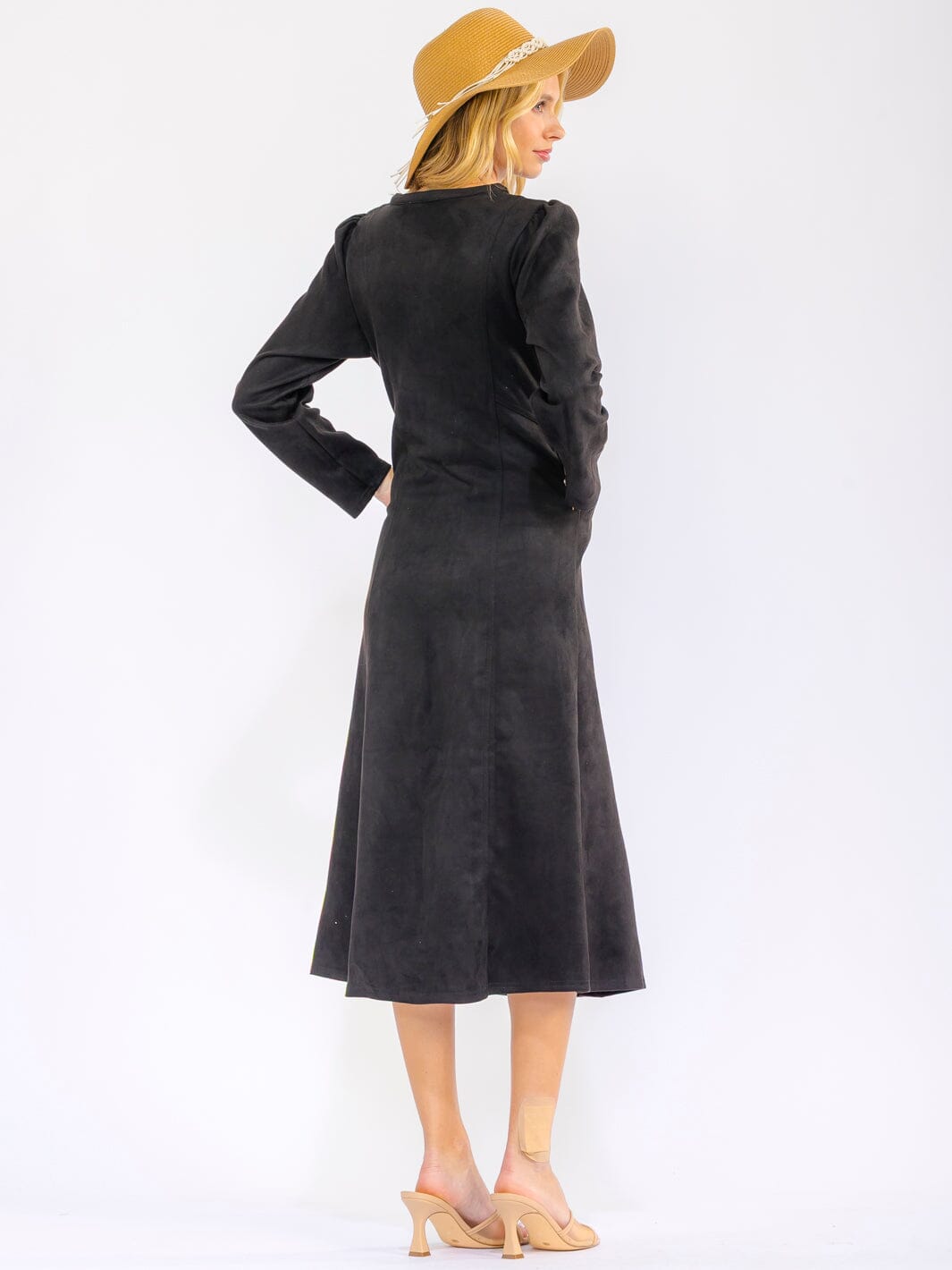 WOMEN'S LONG SLEEVE V-NECK BUTTON UP FRONT POCKETS VELVET MAXI DRESS
