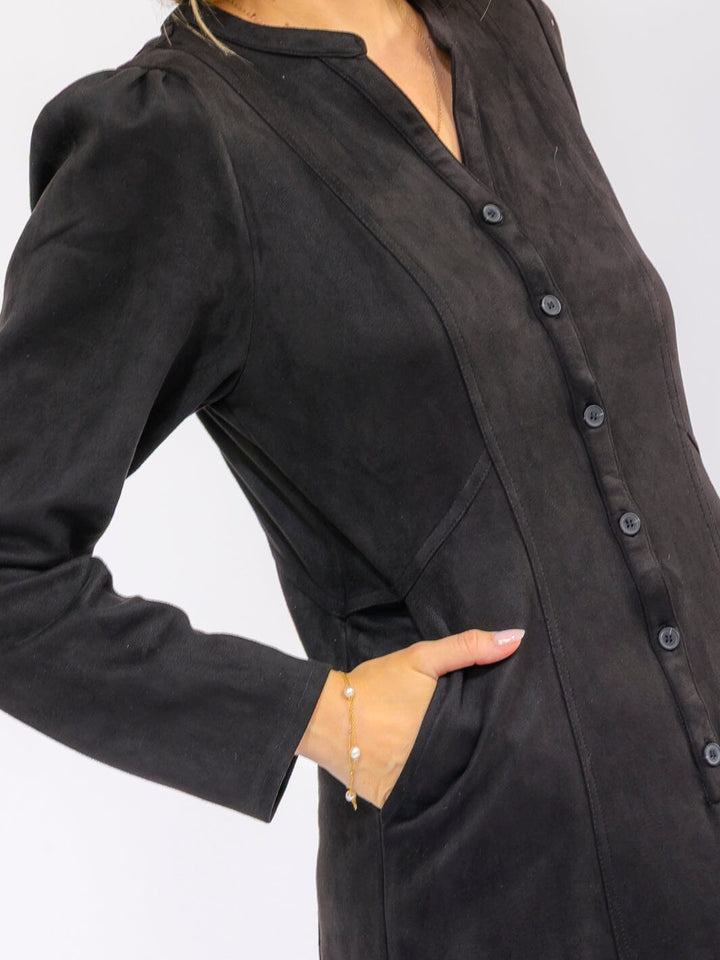 WOMEN'S LONG SLEEVE V-NECK BUTTON UP FRONT POCKETS VELVET MAXI DRESS