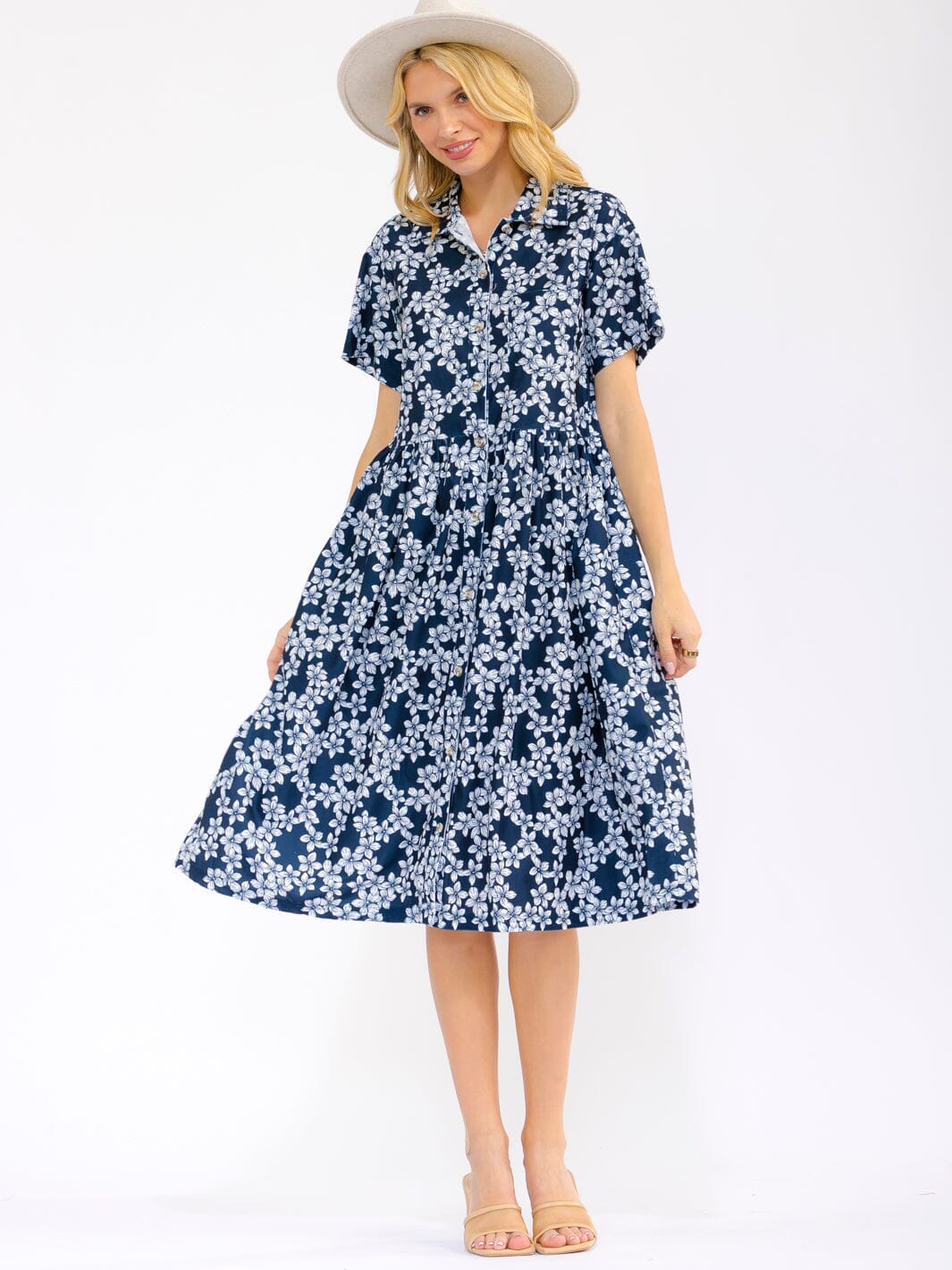 WOMEN'S SHORT SLEEVE BUTTON UP FRONT POCKETS FLORAL MIDI DRESS