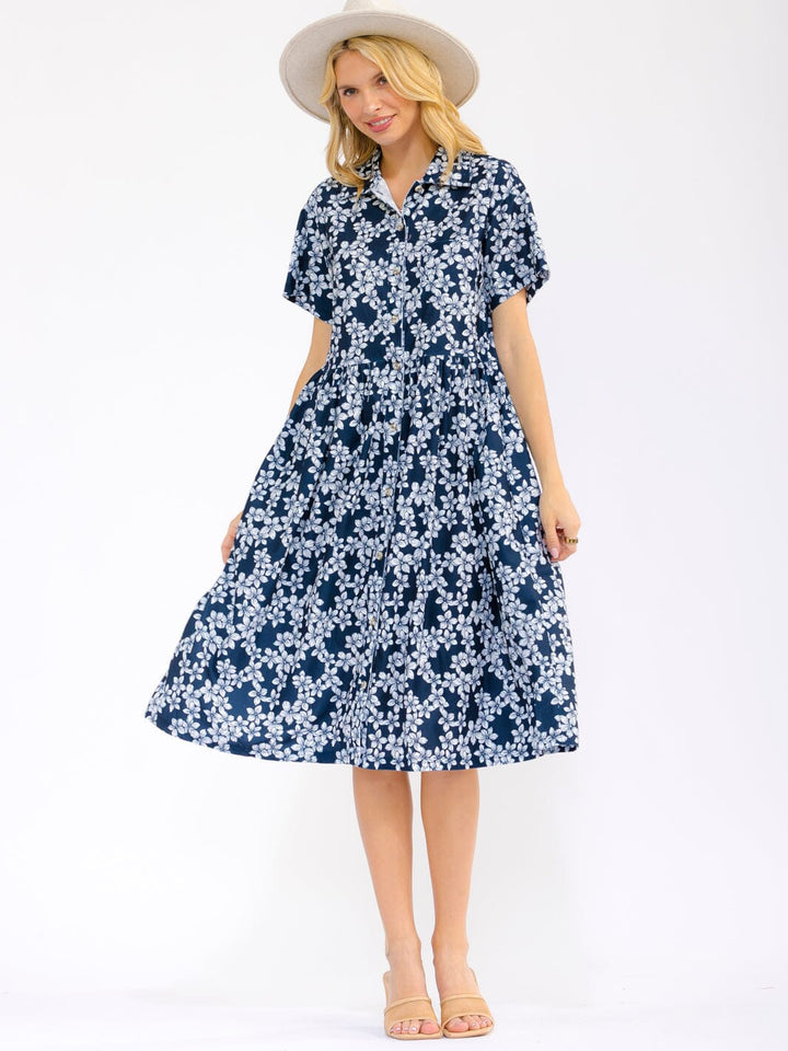 WOMEN'S SHORT SLEEVE BUTTON UP FRONT POCKETS FLORAL MIDI DRESS