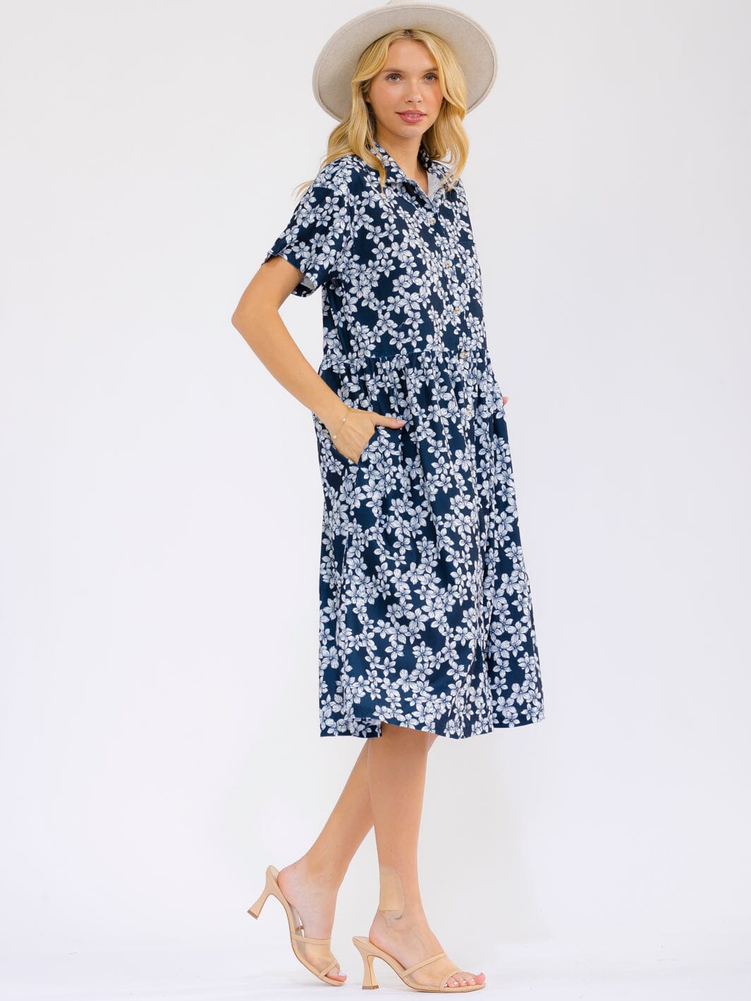 WOMEN'S SHORT SLEEVE BUTTON UP FRONT POCKETS FLORAL MIDI DRESS