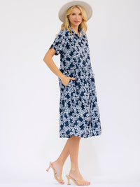 WOMEN'S SHORT SLEEVE BUTTON UP FRONT POCKETS FLORAL MIDI DRESS