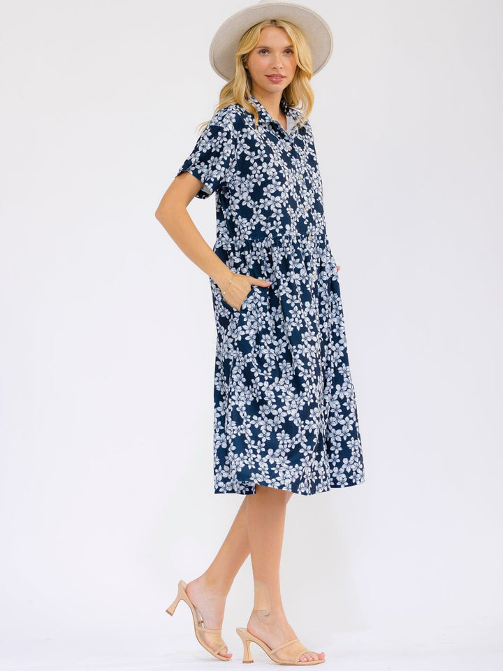 WOMEN'S SHORT SLEEVE BUTTON UP FRONT POCKETS FLORAL MIDI DRESS