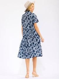 WOMEN'S SHORT SLEEVE BUTTON UP FRONT POCKETS FLORAL MIDI DRESS