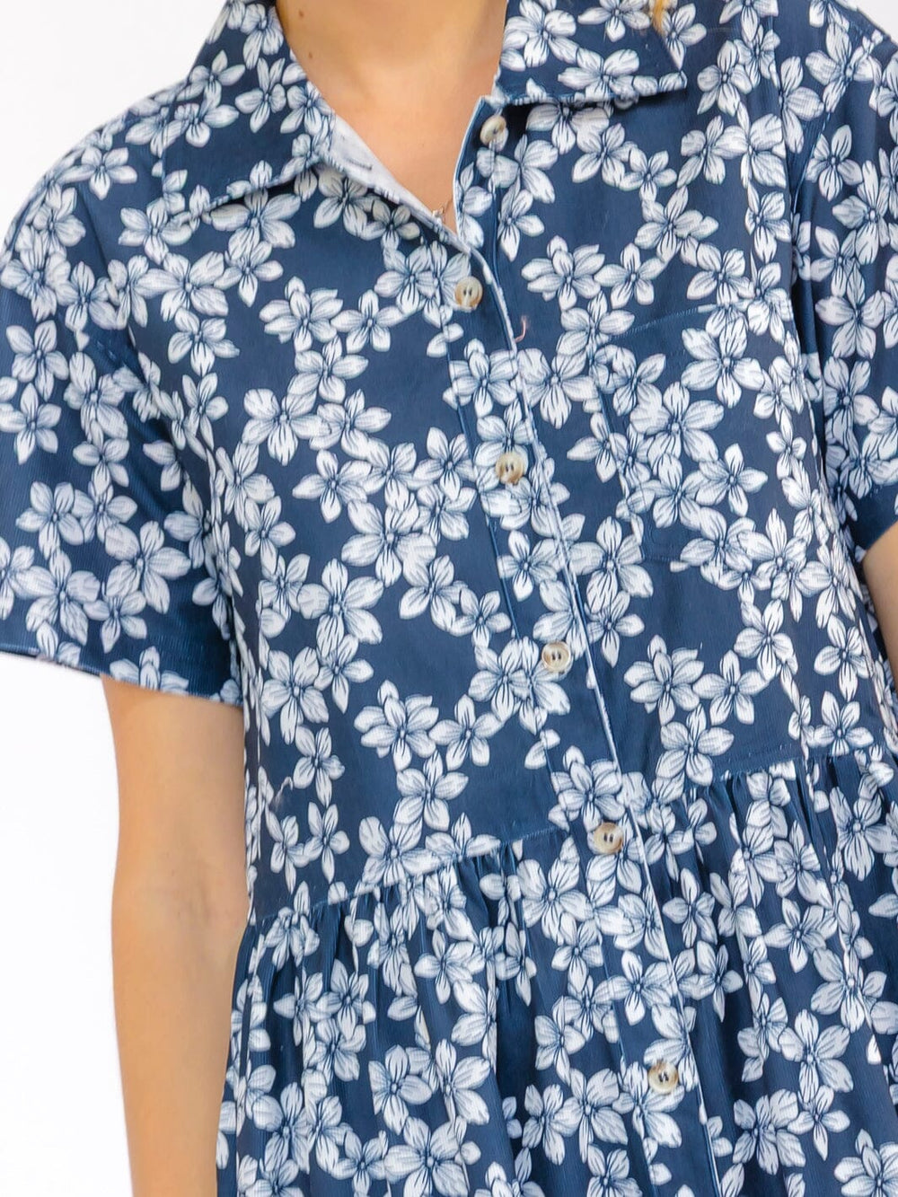 WOMEN'S SHORT SLEEVE BUTTON UP FRONT POCKETS FLORAL MIDI DRESS