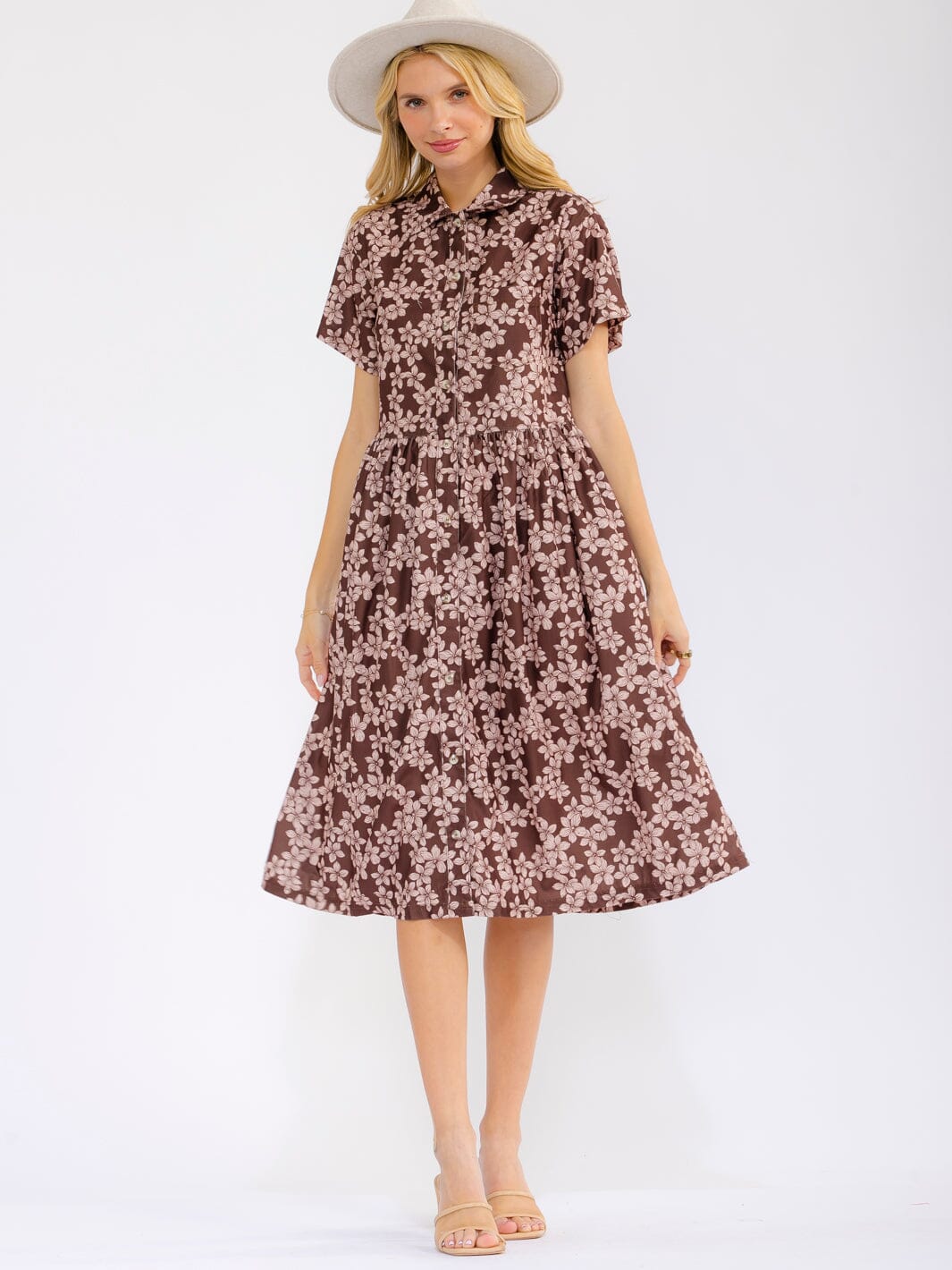 WOMEN'S SHORT SLEEVE BUTTON UP FRONT POCKETS FLORAL MIDI DRESS