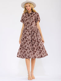 WOMEN'S SHORT SLEEVE BUTTON UP FRONT POCKETS FLORAL MIDI DRESS