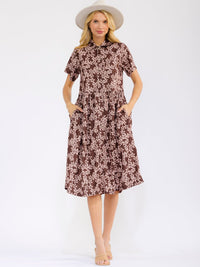WOMEN'S SHORT SLEEVE BUTTON UP FRONT POCKETS FLORAL MIDI DRESS