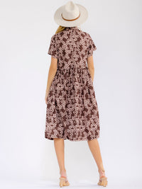 WOMEN'S SHORT SLEEVE BUTTON UP FRONT POCKETS FLORAL MIDI DRESS